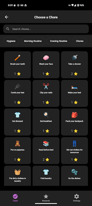 Choose a Chore Screen - Fun chore selection